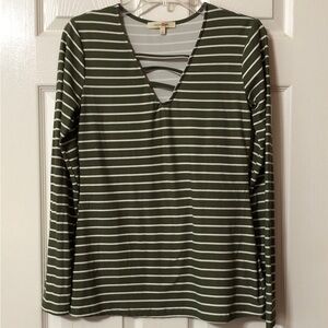 Wishful Park Olive Green and White Striped V-Neck Blouse Size Large Long Sleeves